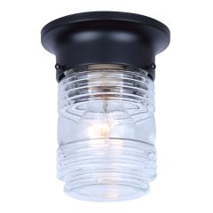 Outdoor Ceiling Light, Clear Glass, Flush Mount, 5-in x 6-in, Black