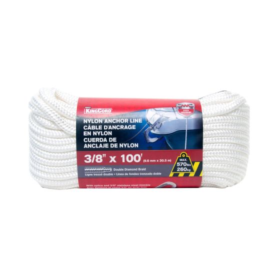 Nylon Double Diamond Braid Marine Anchor Line - White - 3/8" x 100'