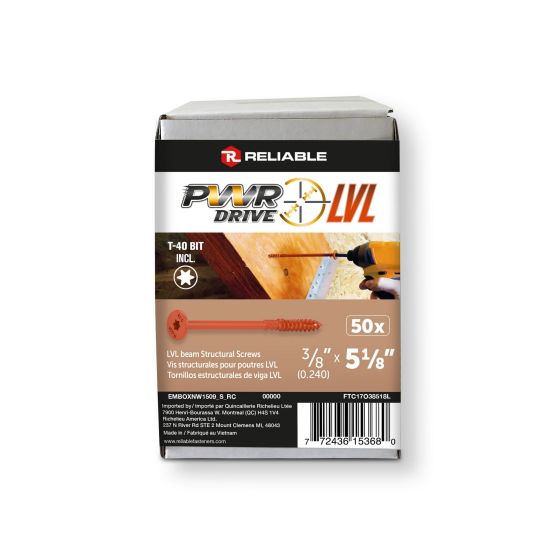 PWR DRIVE LVL Structural Assembly Screw - Oversized Flat Head - 3/8 in x 5 1/8 in, Box of 50