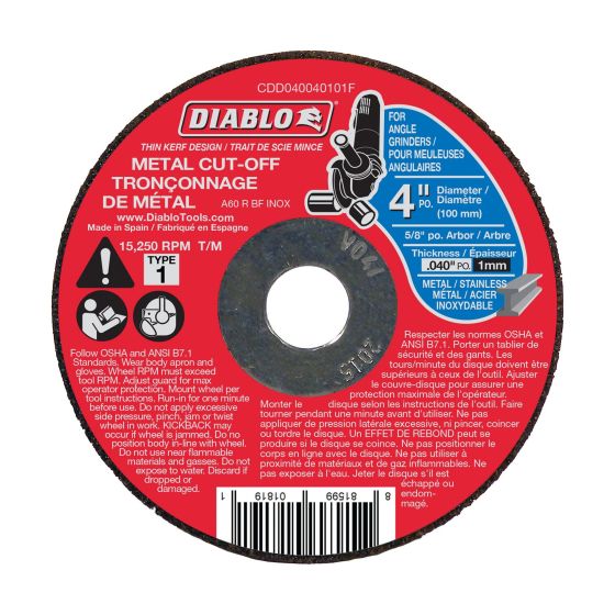 Cut-Off Grinder Wheel for Metal - 4" x 2/5" x 5/8"