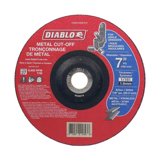 Cut-Off Grinder Wheel for Metal - 7" x 1/16" x 7/8"