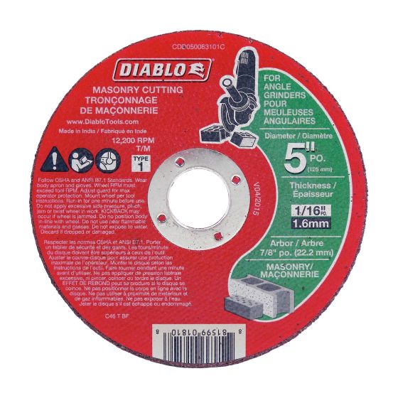Cut-Off Grinder Wheel for Masonry - 5" x 1/16" x 7/8"