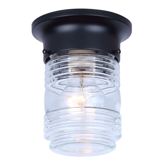 Outdoor Ceiling Light, Clear Glass, Flush Mount, 5-in x 6-in, Black