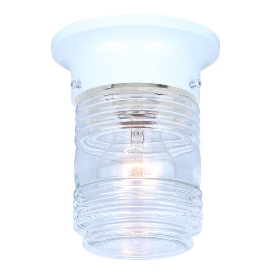 Outdoor Ceiling Light, Clear Glass, Flush Mount, 5-in x 6-in, White