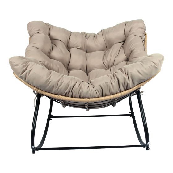 Chaise berçante Cosmos, acier et rotin, noir et crème