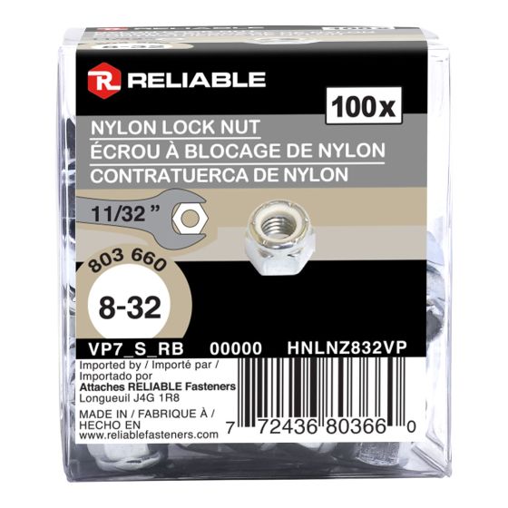 Écrous de blocage hexagonaux, 8-32, insert en nylon, 100/pqt