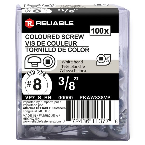 Metal Screws - #8 x 3/8" - Self-Tapping - Type A - White - 100/Pkg
