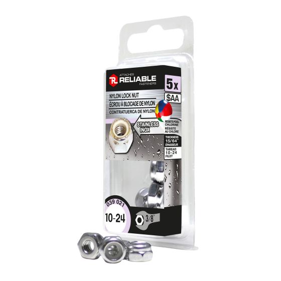 Écrou de blocage hexagonal, 15/64", insert nylon, 5/pqt