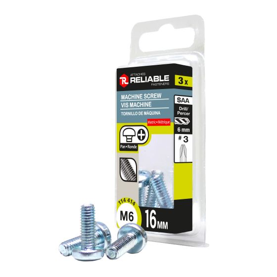 Vis mécaniques, M6 x 16 mm, type B, zingué, 3/pqt