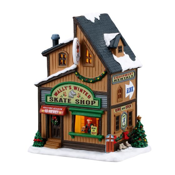 Lighted Winter Skate Shop Village Figurine