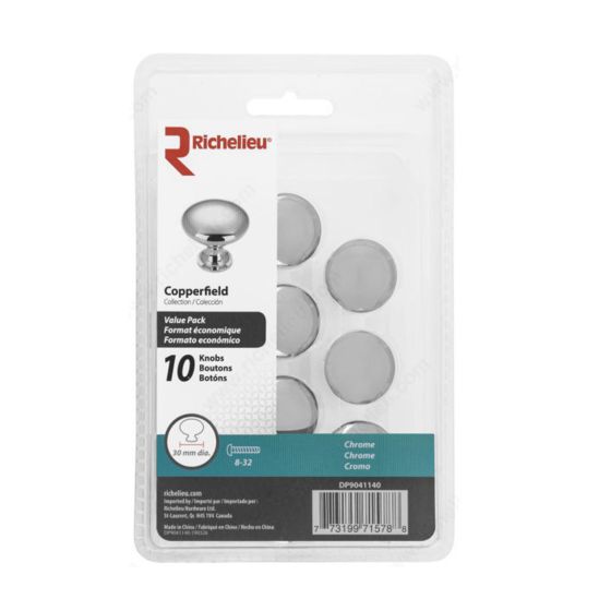 Bouton contemporain en métal Copperfield, chrome, 10/pqt, 30 mm