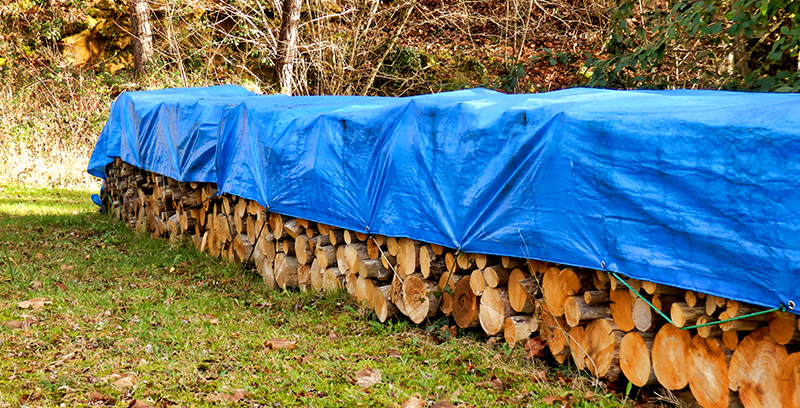 Bâche qui couvre des bûches de bois