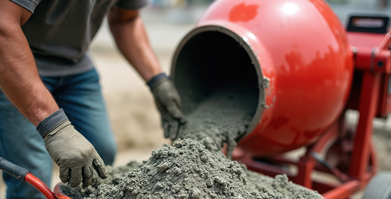 Red cement mixer pouring on site