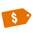 Illustrative orange icon of a label with a dollar sign inside