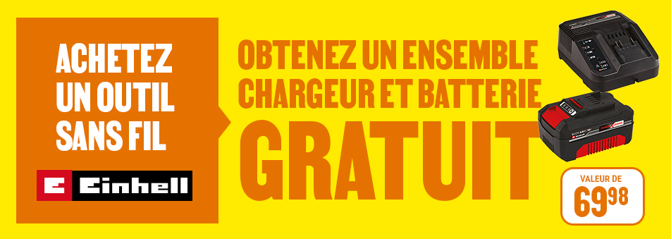 Ensemble chargeur et batterie Einhell gratuit à l'achat d'un outil sans fil Einhell