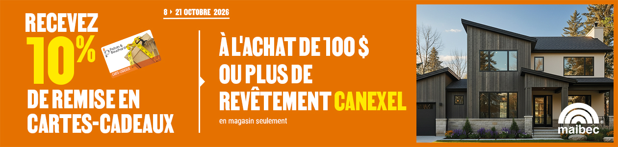 Recevez 10% de remise en cartes-cadeaux &agrave; l'achat de 100 $ ou plus avant taxes de rev&ecirc;tement CanExel - en magasin seulement